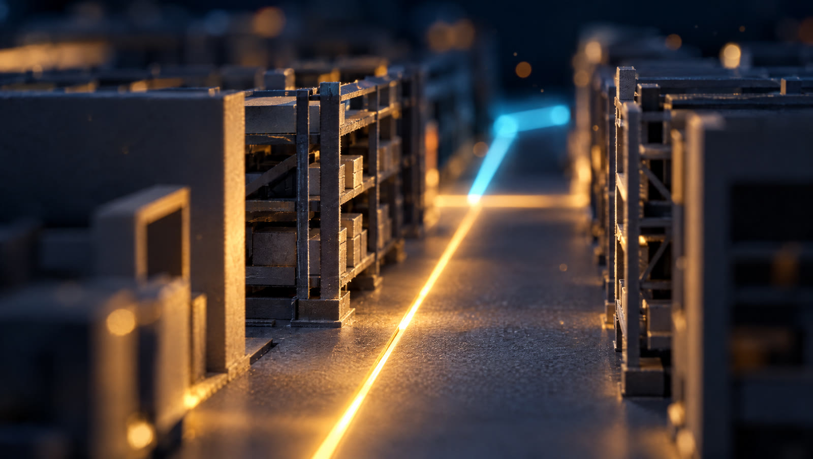 Pasillo de una bodega en miniatura con una línea de luz ámbar en el piso.